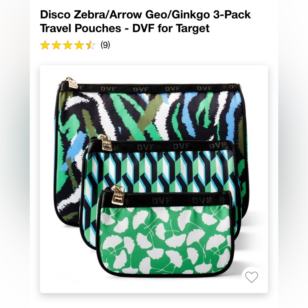 Disco Zebra/Arrow Geo/Ginkgo 3-Pack
Travel Pouches - DVF for Target